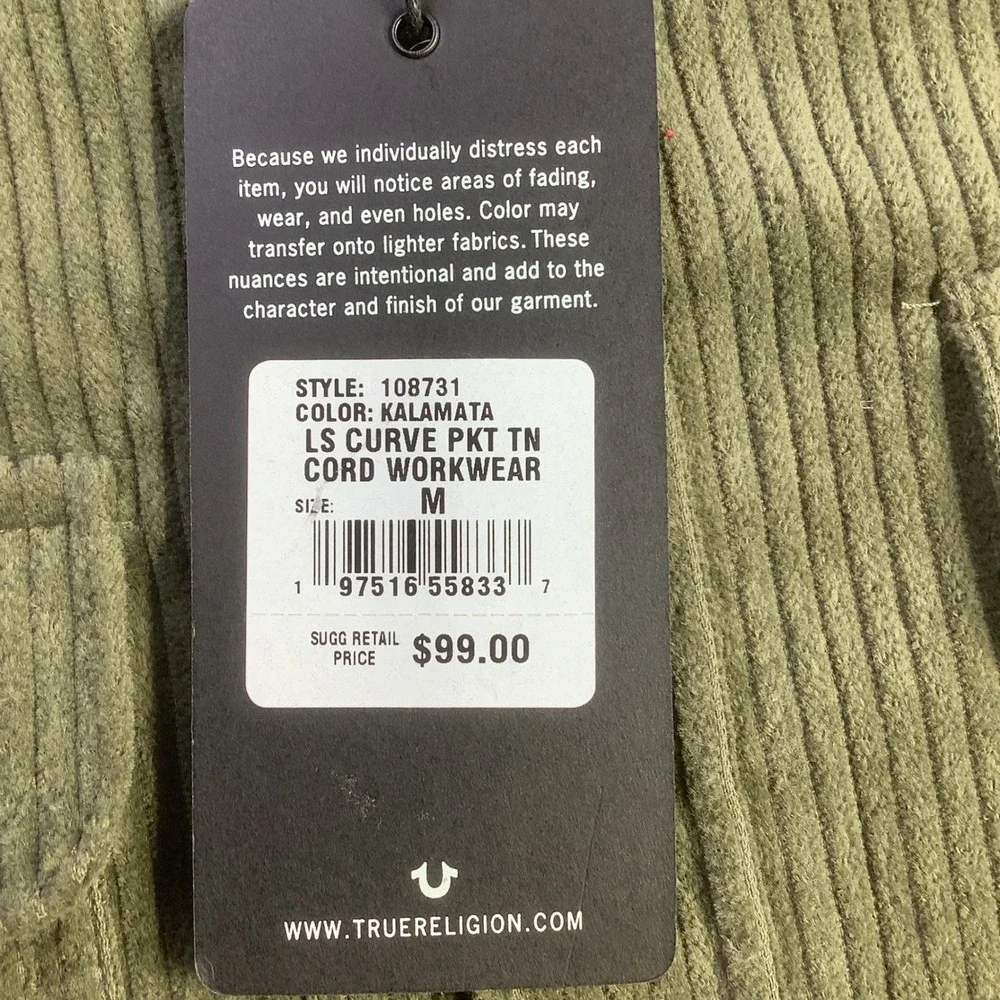 True Religion Mens LS Curve PKT TN Corduroy Workwear Shirt Kalamata Size M NWT